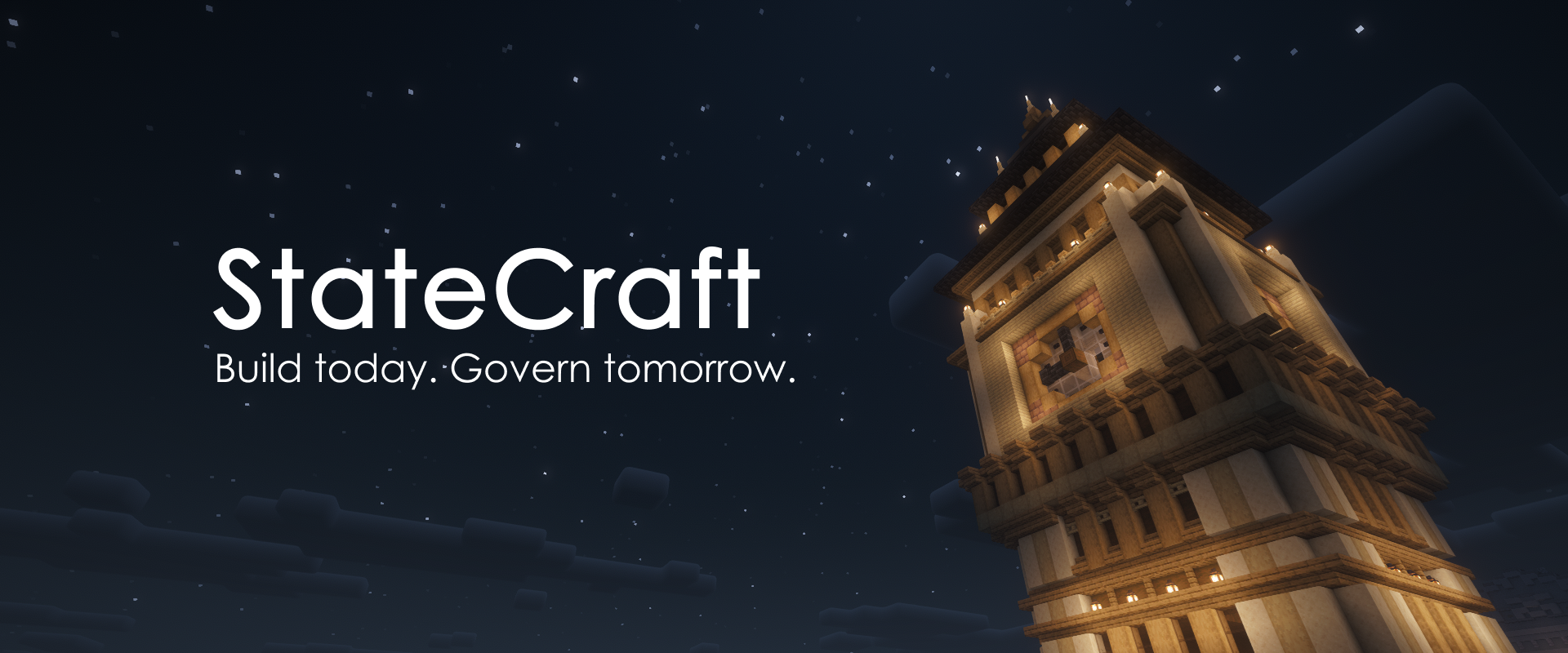 The flavour image of the landing page, showing the tower at spawn with the text "StateCraft - Build Today. Govern Tomorrow." The tower is lovingly and unofficially referred to as "Big Brittle".